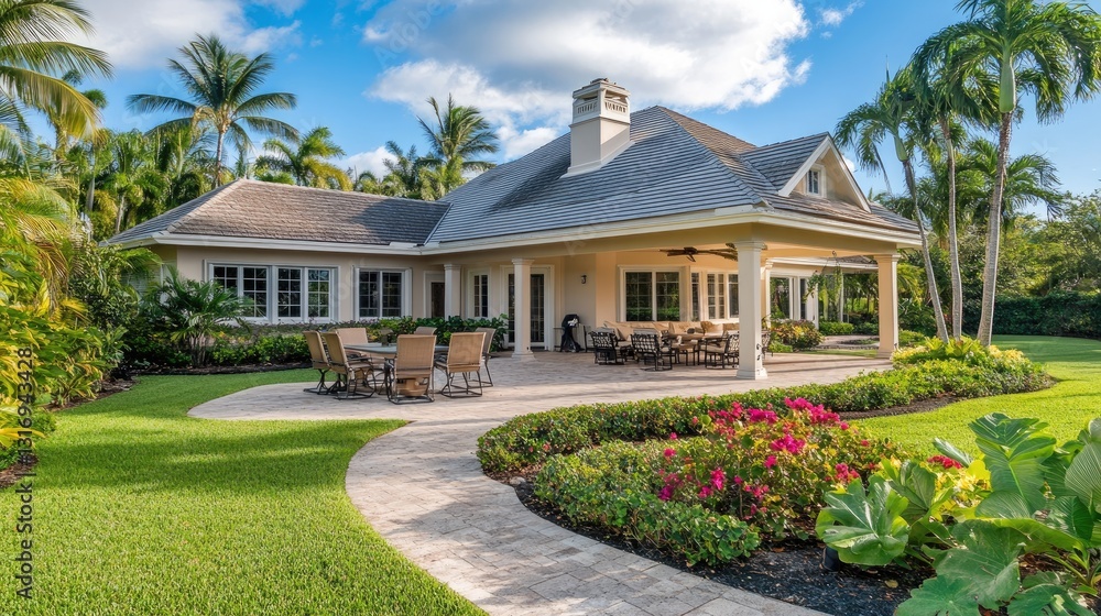 Elegant rental villa with an outdoor dining area, modern design, and tropical plants. Elegant rental villa with an outdoor dining area, modern design, and tropical plants.