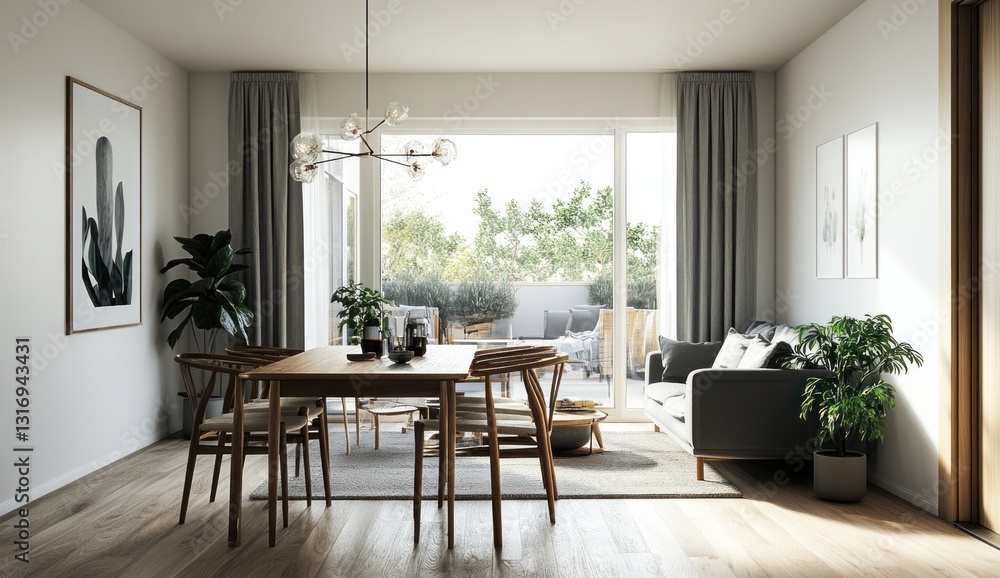 Fototapeta premium Modern open-plan living and dining area with patio access.