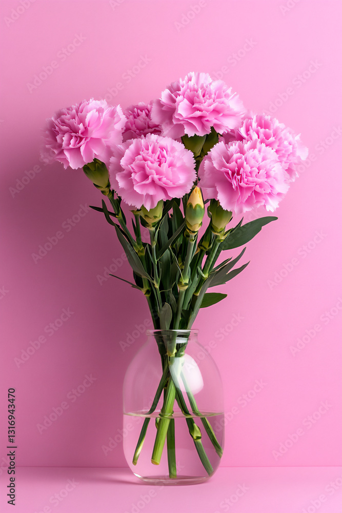 Obraz premium photograph of a single carnation flower in a glass vase against a pink bac