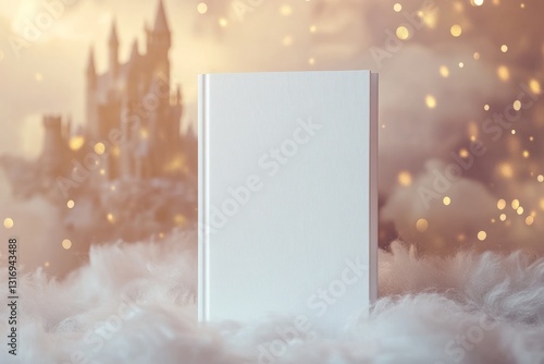 Copy Space of a Book – Hardcover White Mock Up Book on Pillow with Fantasy Castle and Golden Stars in Background