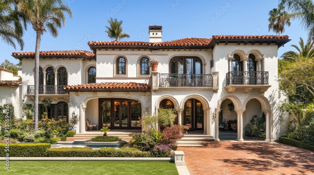 Fototapeta premium Elegant Spanish-style two-story home with decorative tiles, arches, and a red clay roof.