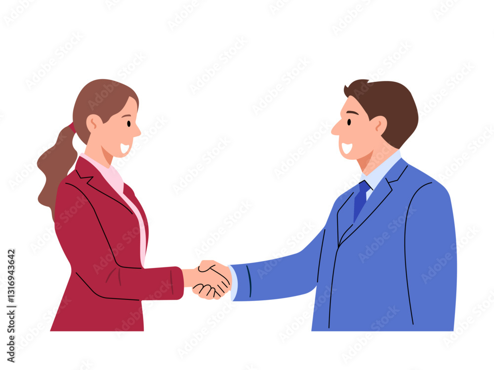 A vector illustration of a businesswoman and businessman shaking hands, symbolizing a successful business partnership. Perfect for conveying collaboration, agreement, and professional relationships. A vector illustration of a businesswoman and businessman shaking hands, symbolizing a successful business partnership. Perfect for conveying collaboration, agreement, and professional relationships.
