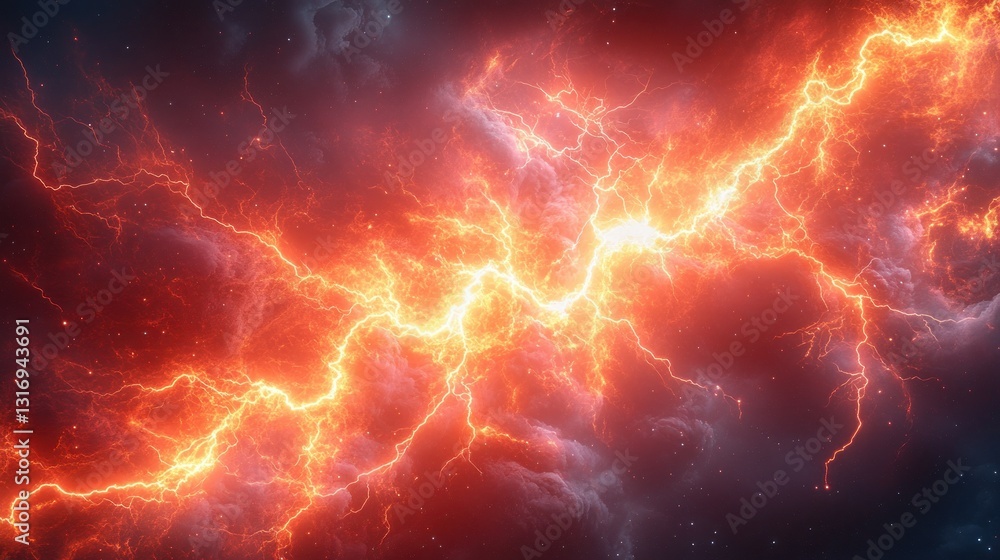 Powerful, fiery lightning bolts in a cosmic storm Powerful, fiery lightning bolts in a cosmic storm