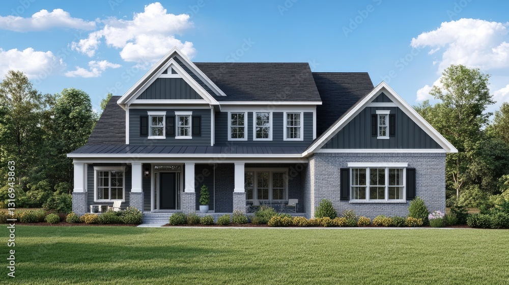 Obraz premium Elegant suburban two-story home with a well-manicured lawn and inviting front porch.
