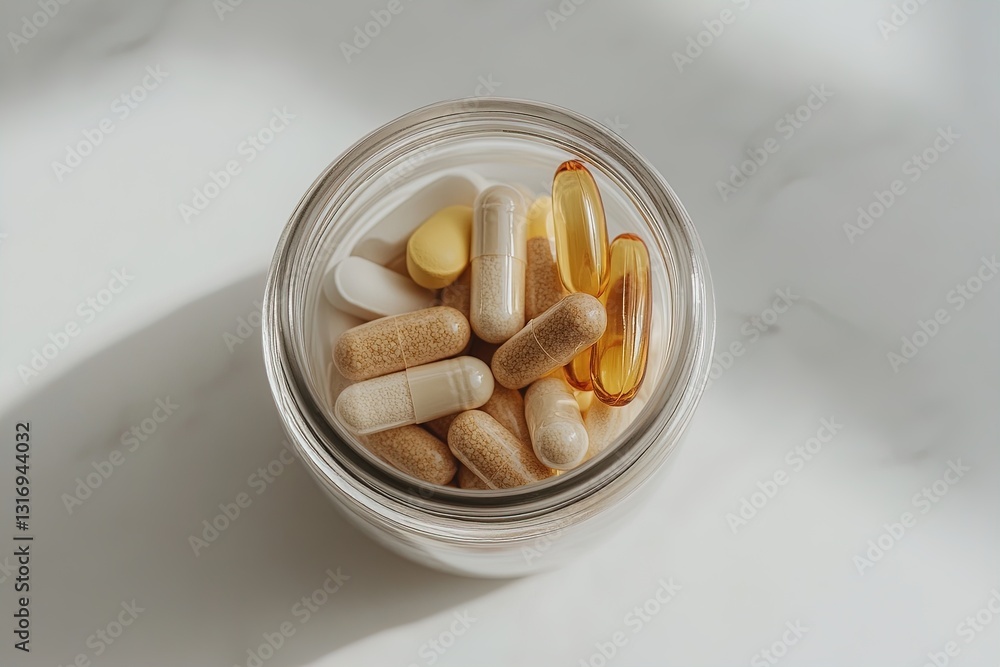 Variety of dietary supplements in a clear jar on a light surface illustrating health and wellness Variety of dietary supplements in a clear jar on a light surface illustrating health and wellness