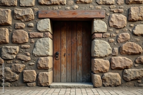 Rustic Wooden Doorway Set in a Weathered Stone Wall Structure
