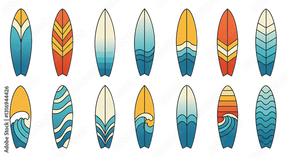Surfboard Variety Colorful Patterns on Light Background Summer Recreation Surfboard Variety Colorful Patterns on Light Background Summer Recreation