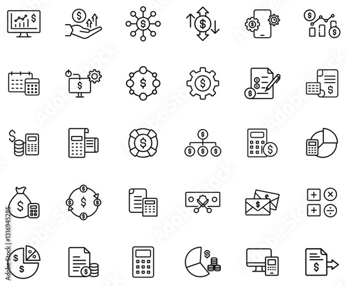 Finance and Accounting Icon Set – Money, Budget, Investment, Banking, Financial Management, Calculation, Payment, Profit Analysis, Tax, Business Accounting, Currency, Outline Vector Icons