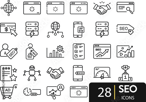 Modern Editable Thin Line Style Icons Set Search Engine Optimization Of Technology Icons: Web Development, Strategy, Optimization And More. Pictograms And Infographic Vector Illustration