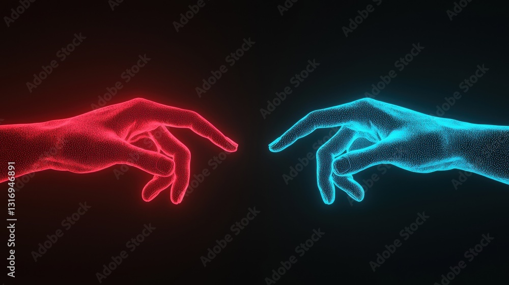 Obraz premium Two stylized hands, one red and one blue, reaching towards each other in a digital, neon-like representation, symbolizing connection and creativity.