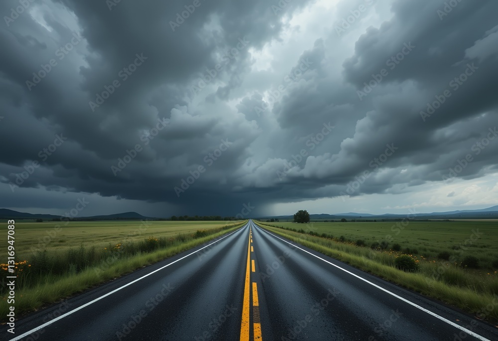 Fototapeta premium Highway Perspective Under Approaching Stormy Sky and Vast Open Field Landscape