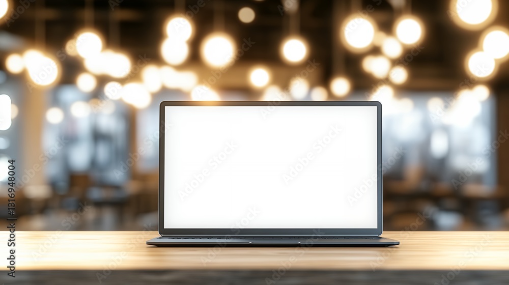 Fototapeta premium Laptop with Blank Screen on Wooden Table in Cafe Setting Perfect for Mockups and Presentations