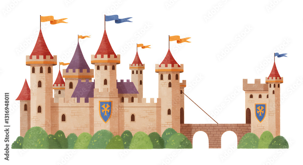Illustrated Castle with Towers Bridge and Flags Peaceful Cartoon Aesthetic Illustrated Castle with Towers Bridge and Flags Peaceful Cartoon Aesthetic