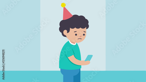 Social Interaction Skills An of a child at a birthday party standing awkwardly in the corner with their head down looking at their phone instead of joining in the fun.