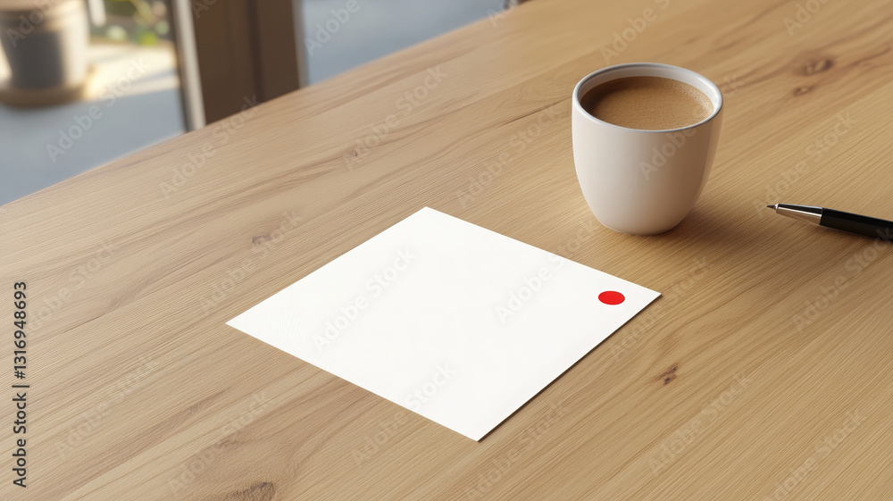 minimalist workspace scene featuring white paper, cup of coffee, and pen on wooden table, creating calm and inviting atmosphere minimalist workspace scene featuring white paper, cup of coffee, and pen on wooden table, creating calm and inviting atmosphere