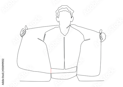 Continuous one line art of a man is standing opening his jacket. The concept of an open heart, kindness, empathy, support, comfort. It can be used for animation.