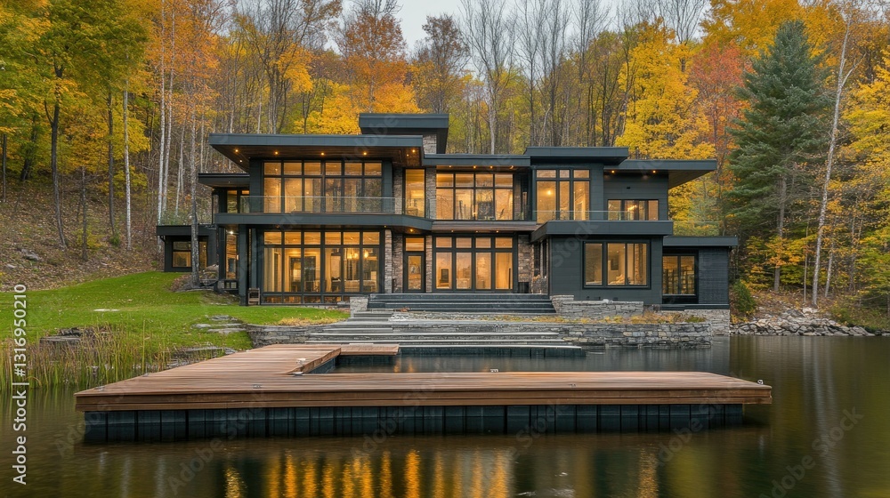 Obraz premium Lakeside vacation home with large glass windows and a floating wooden dock.