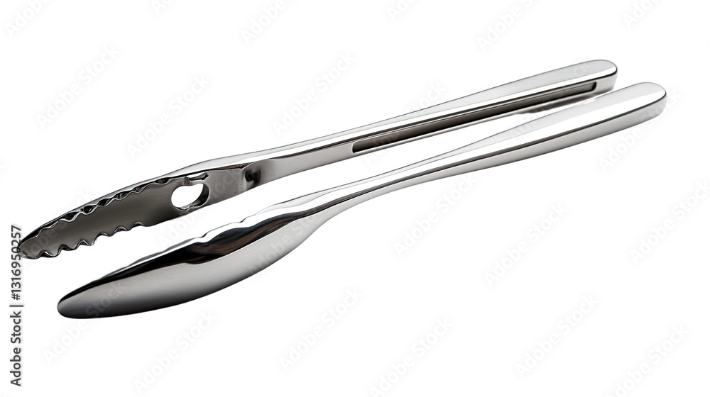 Fototapeta premium Precision Grip: A close-up shot showcasing gleaming metal tongs, an essential culinary tool for effortlessly handling food items with precision and ease. 