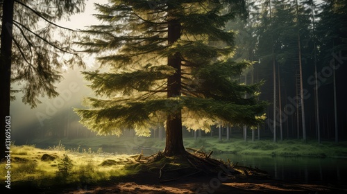 sunlight pine tree in a forrest photo