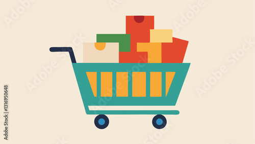 Shopping Cart of Waste A shopping cart filled to the brim with colorful packaging waste like plastic film small boxes and Styrofoam pieces set against a neutral background.