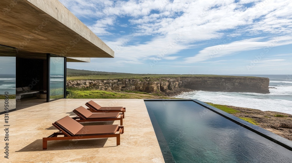 Fototapeta premium Luxury clifftop two-story house with breathtaking ocean views and contemporary aesthetics.