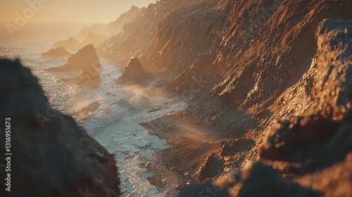 Dramatic sunset over rugged coastline, ocean waves crashing against cliffs.