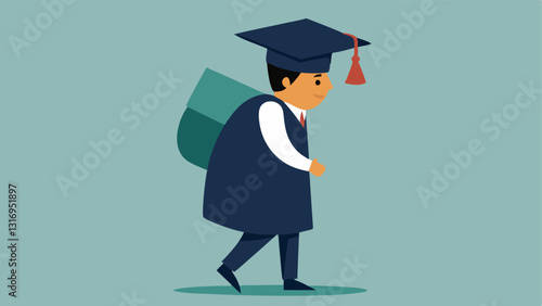 Graduation Cap Burden A young graduate wearing a graduation cap struggling under a large oversized backpack labeled Student Loans.