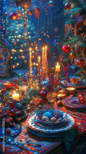 A magical holiday dinner setting with festive decor. Vibrant colors and warm candlelight create a cozy atmosphere. Perfect for celebrating the season. Generative AI