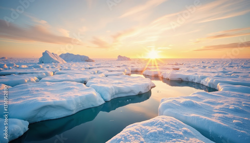 Icebergs floating on calm water at sunset 