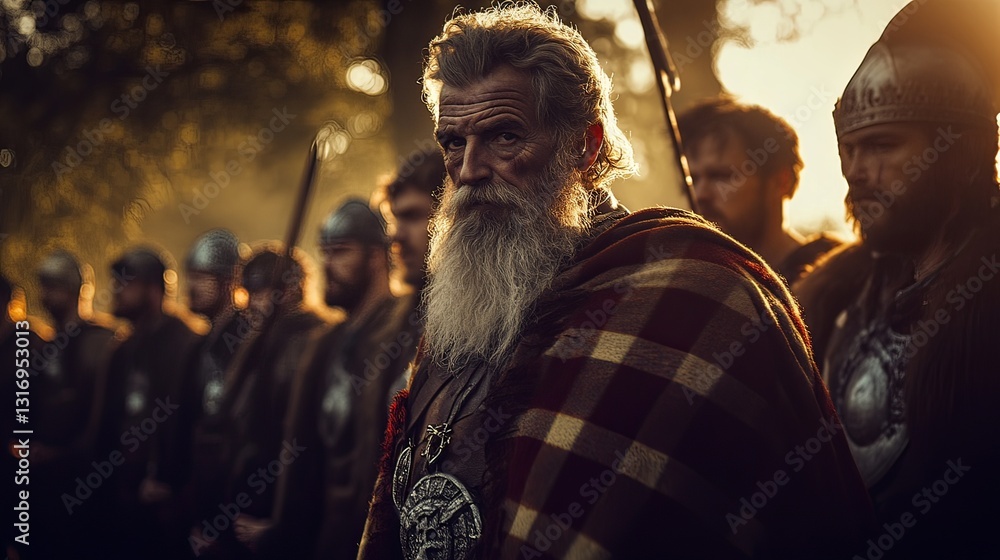 Obraz premium A strong leader stands among warriors in a dramatic scene. The golden light sets the mood for epic tales. This image evokes ancient battles and bravery. Generative AI