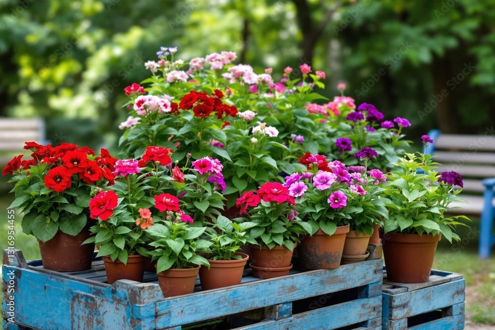 Vibrant flowers in pots on a rustic wooden table in a garden setting. Vibrant flowers in pots on a rustic wooden table in a garden setting.