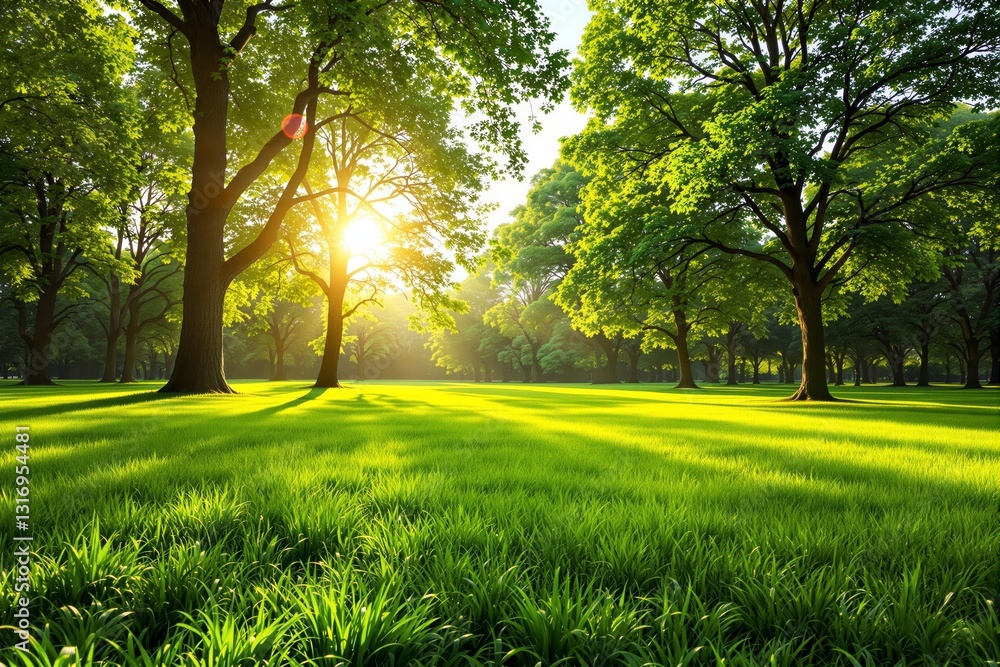 Obraz premium Sunlight filtering through lush green trees in a serene park background.