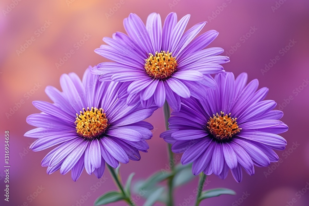 Three vibrant purple daisies with yellow centers, closely grouped together against a soft pink background. Three vibrant purple daisies with yellow centers, closely grouped together against a soft pink background.