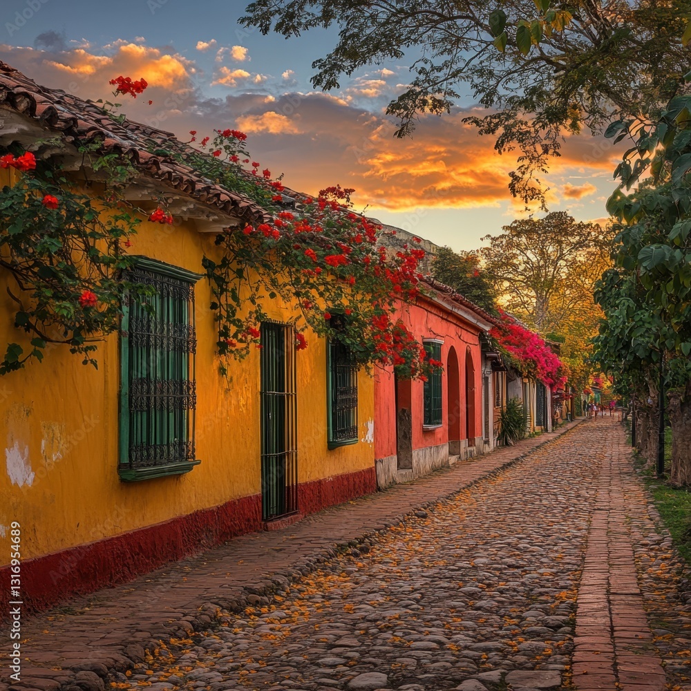 Obraz premium Colorful colonial street with cobblestone road and vibrant bougainvillea flowers at sunset in tropical town