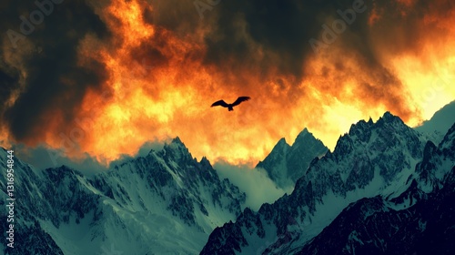 Bird Soaring Over Fiery Sunset Mountain Peaks