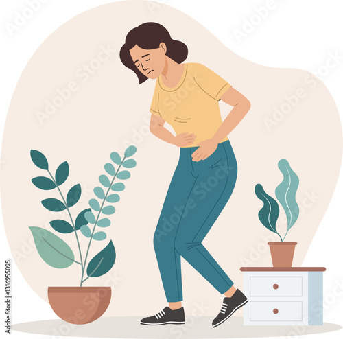 Illustration of a woman holding her stomach in a painful gesture. Stomach ache, cramps, or digestive problems.