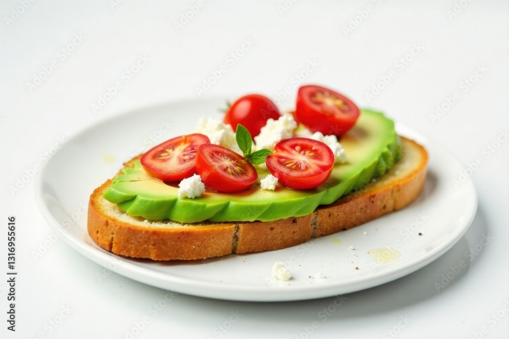 A delectable avocado toast garnished with fresh tomato slices and creamy cheese, a simple yet elegant breakfast or brunch option A delectable avocado toast garnished with fresh tomato slices and creamy cheese, a simple yet elegant breakfast or brunch option