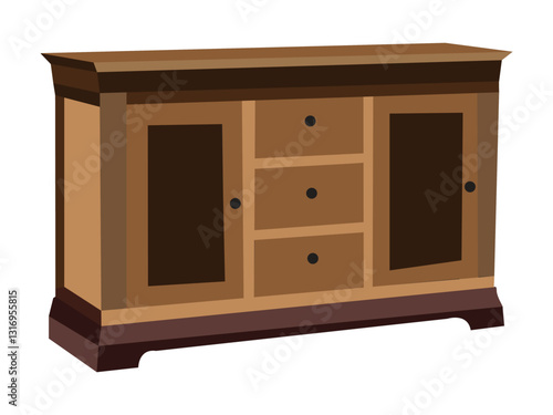 A wooden brown cabinet with three drawers on a white background