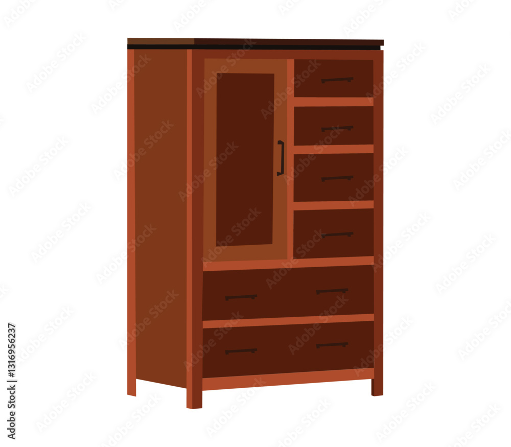 A wooden dresser illustration with a glass door and six drawers A wooden dresser illustration with a glass door and six drawers