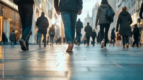 Busy city pedestrians walking on a sunny day in an urban street full of shops and people enjoying the lively atmosphere