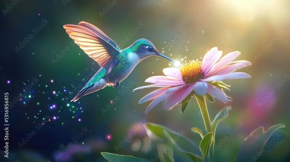 Hummingbird feeding on a pink flower with magical sparkles. Hummingbird feeding on a pink flower with magical sparkles.