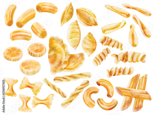 Watercolor Pasta Variety Illustration Set, Hand-painted, Italian Cuisine, Fusilli, Penne, Ravioli, Farfalle, Macaroni, Tortellini, Fettuccine, Spaghetti, Conchiglie, Gourmet Food, Culinary, Cooking