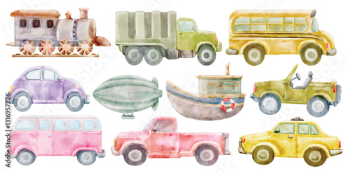 Watercolor Vintage Vehicle Illustration Set, Hand-painted, Realistic, Train, Truck, School Bus, Car, Boat, Airship, Transportation, Classic Automobile, Vector, Illustration