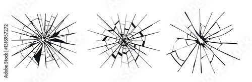 Cracked Glass, Broken Window, Glass Surface, and Texture Silhouette. Set of Isolated Vector Illustrations