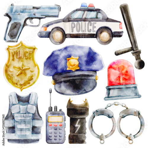 Watercolor Police Equipment Illustration Set, Hand-painted, Police Hat, Badge, Handcuffs, Gun, Police Car, Siren, Walkie Talkie, Taser, Baton, Security, Law Enforcement, Crime Prevention