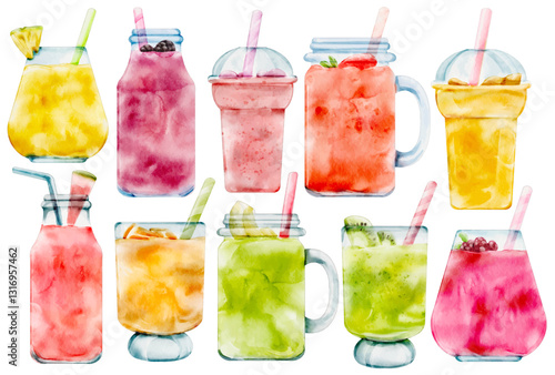 Watercolor Smoothie Drink Illustration Set, Hand-painted, Realistic, Fruit Juice, Refreshing Beverage, Healthy, Milkshake, Bubble Tea, Juice Bar, Vector, Illustration