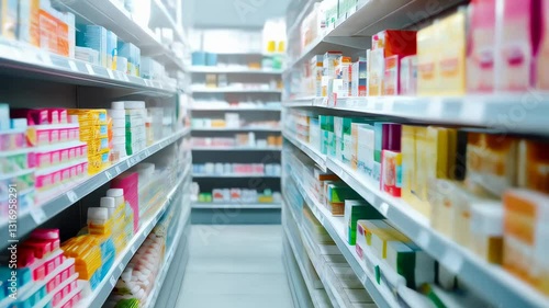 Stock footage of a well-organized pharmacy interior with shelves filled with medication and health products in bright lighting