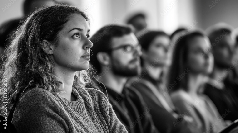 Obraz premium Attentive young woman listening in a group audience black and white photography face eyes hair event