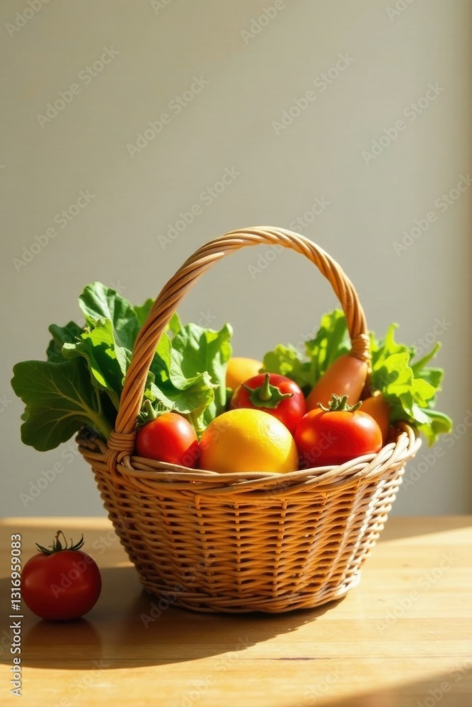 Sunlit wicker basket brimming with vibrant red tomatoes, a juicy yellow citrus fruit, and fresh green lettuce leaves on a light wooden surface Sunlit wicker basket brimming with vibrant red tomatoes, a juicy yellow citrus fruit, and fresh green lettuce leaves on a light wooden surface