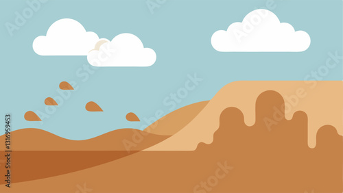 Sandy Soil Erosion An showing patches of sandy soil eroding away with dust clouds rising into the air signaling the impact of drought on land stability.